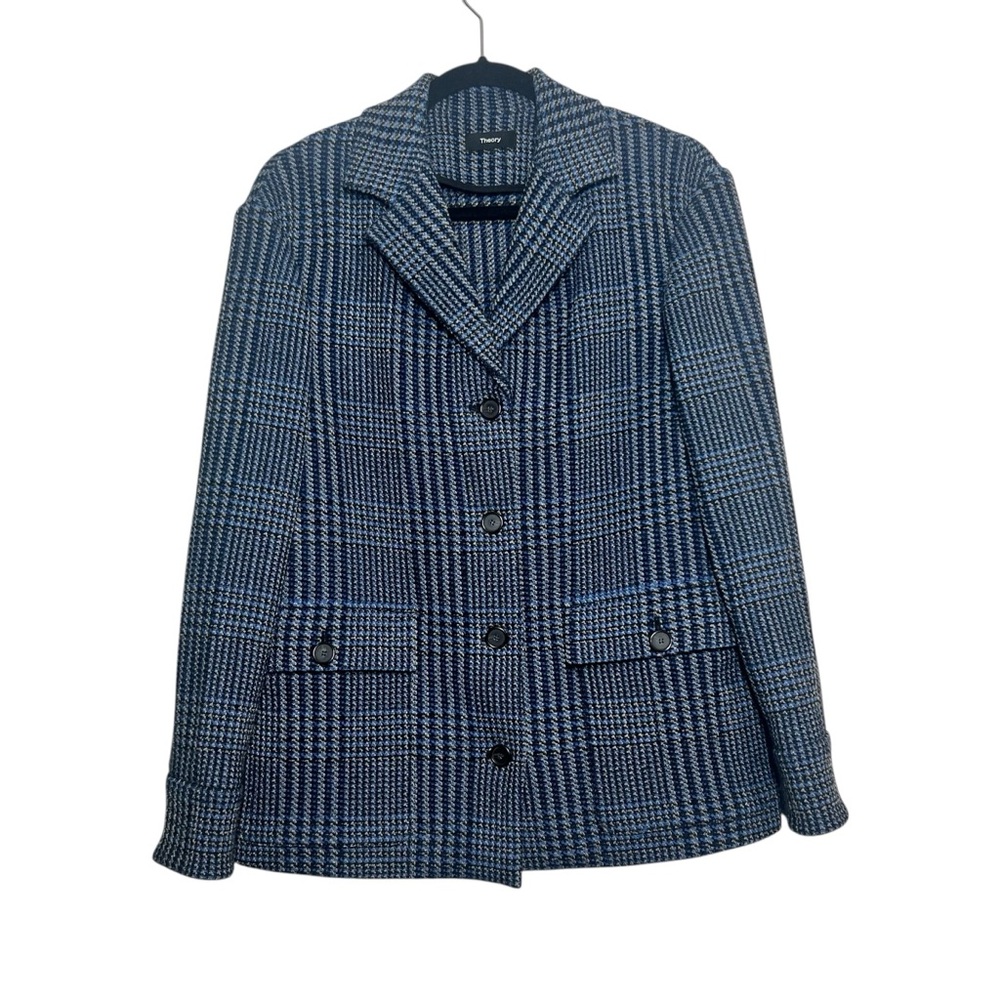 Theory Darwin Tweed Single Breasted Jacket Blue Black Size Small Wool Blend